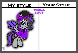 Size: 2365x1629 | Tagged: safe, artist:mrstheartist, oc, oc only, oc:viola love, equine, fictional species, mammal, pegasus, pony, feral, friendship is magic, hasbro, my little pony, base used, cap, cutie mark, digital art, female, gray body, hat, headphones, hooves, my style your style, purple eyes