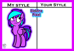 Size: 2365x1629 | Tagged: safe, artist:mrstheartist, oc, oc only, oc:elektro pixel, equine, fictional species, mammal, pegasus, pony, feral, friendship is magic, hasbro, my little pony, black outline, bright colors, digital art, female, mare, my style your style, serious