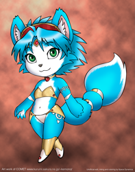 Size: 1523x1936 | Tagged: safe, artist:dr comet, krystal (star fox), canine, fox, mammal, anthro, nintendo, star fox, blue body, blue fur, blue hair, blue tail, body markings, bra, chibi, clothes, collar, digital art, female, fur, green eyes, hair, headband, jewelry, loincloth, looking at you, signature, simple background, solo, solo female, tail, tail band, tattoo, text, tribal outfit, underwear, vixen, white body, white fur, white tail