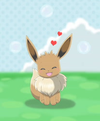 Size: 400x483 | Tagged: safe, alternate version, artist:winick-lim, part of a set, eevee, eeveelution, fictional species, mammal, feral, nintendo, pokémon, 2015, blushing, digital art, ears, eyes closed, female, fluff, fur, heart, low res, neck fluff, on model, open mouth, sitting, sky, solo, solo female, tail, tongue
