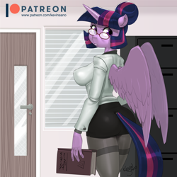 Size: 900x900 | Tagged: safe, artist:kevinsano, twilight sparkle (mlp), alicorn, equine, fictional species, mammal, pony, anthro, friendship is magic, hasbro, my little pony, 2021, anthrofied, book, bottomwear, breasts, butt, clothes, digital art, erect nipples, eyelashes, feathers, female, fur, glasses, hair, holding, horn, legwear, looking at you, looking back, looking back at you, nipple outline, office, rear view, shirt, sideboob, skirt, solo, solo female, spread wings, stockings, tail, teacher, thighs, topwear, wide hips, wings