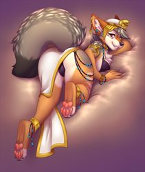 Size: 852x1008 | Tagged: suggestive, artist:lockworkorange, oc, oc only, oc:fhyra (fhyrrain), black-backed jackal, canine, jackal, mammal, 2021, black nose, bra, bracelet, breasts, butt, cameltoe, claws, clothes, commission, cream body, cream fur, digital art, ear fluff, female, fluff, fur, gray body, gray fur, heterochromia, jewelry, looking at you, multicolored fur, panties, paw pads, paws, red eyes, shoulder fluff, smiling, smiling at you, solo, solo female, tail, tail fluff, thighs, underpaw, underwear, ych result, yellow eyes