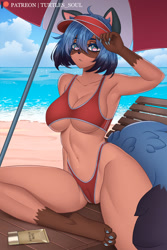 Size: 800x1200 | Tagged: suggestive, artist:turtlessoul, michiru kagemori (bna), canine, mammal, raccoon dog, anthro, bna: brand new animal, 2021, adorasexy, beach, beach chair, beach umbrella, belly button, bikini, black nose, blue eyes, blue hair, breasts, cameltoe, cap, chair, claws, cleavage, clothes, cute, cute little fangs, digital art, ears, eyebrows, eyelashes, fangs, female, fluff, gloves (arm marking), hair, hat, mask (facial marking), multicolored eyes, outdoors, paws, sand, sexy, short hair, socks (leg marking), solo, solo female, sunscreen, swimsuit, tail, tail fluff, teeth, thighs, two toned eyes, umbrella, water