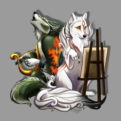 Size: 720x720 | Tagged: artist needed, safe, amaterasu (okami), link (wolf form), link (zelda), canine, mammal, wolf, feral, capcom, nintendo, okami, the legend of zelda, the legend of zelda: twilight princess, cute, digital art, duo, female, gray background, harp, howling, male, musical instrument, painting, simple background