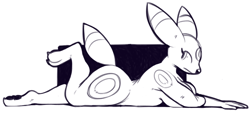 Size: 680x306 | Tagged: safe, artist:breakersunny, eeveelution, fictional species, mammal, umbreon, anthro, nintendo, pokémon, black and white, breasts, digital art, female, grayscale, looking back, low res, lying down, monochrome, nudity, prone, raised leg, solo, solo female, tail, toe claws