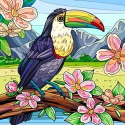 Size: 1024x1024 | Tagged: safe, artist:jpritchett99, bird, keel-billed toucan, toucan, feral, 2021, ambiguous gender, beak, black feathers, black wings, branch, claws, digital art, feathered wings, feathers, flower, folded wings, perching, red feathers, sky, solo, solo ambiguous, tail, tail feathers, talons, tree, white feathers, wings, yellow feathers