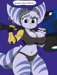Size: 3072x4096 | Tagged: safe, artist:nr_ac, artist:nrac, rivet (r&c), fictional species, lombax, mammal, anthro, ratchet & clank, 2020, belly button, big breasts, bikini, black bikini, black swimsuit, black underwear, blue eyes, bra, breasts, cameltoe, clothes, dialogue, digital art, ear piercing, earring, ears, eyebrows, eyelashes, female, fur, goggles, goggles on head, hair, hammer, high res, looking at you, open mouth, panties, piercing, pink nose, prosthetic arm, prosthetics, question mark, solo, solo female, speech bubble, swimsuit, tail, talking, talking to viewer, text, thick thighs, thighs, tongue, underwear, weapon, wide hips