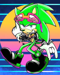 Size: 900x1125 | Tagged: safe, artist:4sonicfan, scourge the hedgehog (sonic), hedgehog, mammal, anthro, archie sonic the hedgehog, sega, sonic the hedgehog (series), 2021, blue eyes, clothes, digital art, fangs, fur, glasses, glasses on head, gloves, green body, green fur, green tail, grin, jacket, lidded eyes, male, quills, scar, sharp teeth, shoes, short tail, solo, solo male, sunglasses, sunglasses on head, synthwave sun, tail, teeth, topwear, vaporwave