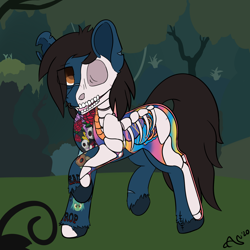 Size: 1600x1600 | Tagged: safe, artist:ashersketch, earth pony, equine, fictional species, mammal, pony, undead, zombie, zombie pony, feral, bring me the horizon, friendship is magic, hasbro, my little pony, oliver sykes, 2020, blood, blue body, blue fur, blue hooves, bone, brown eyes, brown hair, brown mane, brown tail, commission, digital art, dissectibles, fangs, feralized, forest, fur, furrified, hair, hooves, lip piercing, male, mane, organs, piercing, ponified, rainbow blood, raised hoof, sharp teeth, signature, skeleton, solo, solo male, species swap, stallion, tail, tattoo, teeth, torn ear, unshorn fetlocks, ych result