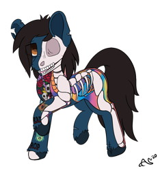 Size: 1120x1199 | Tagged: safe, artist:ashersketch, earth pony, equine, fictional species, mammal, pony, undead, zombie, zombie pony, feral, bring me the horizon, friendship is magic, hasbro, my little pony, oliver sykes, 2020, blood, blue body, blue fur, blue hooves, bone, brown eyes, brown hair, brown mane, brown tail, commission, digital art, dissectibles, fangs, feralized, forest, fur, furrified, hair, hooves, lip piercing, male, mane, organs, piercing, ponified, rainbow blood, raised hoof, sharp teeth, signature, simple background, skeleton, solo, solo male, species swap, stallion, tail, tattoo, teeth, torn ear, transparent background, unshorn fetlocks, ych result