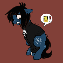 Size: 1000x1000 | Tagged: suggestive, artist:vodkamewtwoni, earth pony, equine, fictional species, mammal, pony, undead, zombie, zombie pony, feral, bring me the horizon, drop dead clothing, friendship is magic, hasbro, my little pony, oliver sykes, 2020, bags under eyes, blue body, blue fur, bone, brown background, brown eyes, brown hair, brown mane, brown tail, clothes, commission, desperation, digital art, exclamation point, feralized, floppy ears, fur, furrified, gritted teeth, hair, hair over one eye, long sleeves, male, mane, need to pee, omorashi, ponified, scar, shirt, simple background, solo, solo male, stallion, stitches, tail, teeth, topwear, torn ear