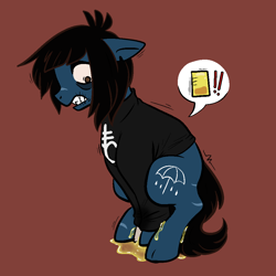 Size: 1000x1000 | Tagged: suggestive, alternate version, artist:vodkamewtwoni, earth pony, equine, fictional species, mammal, pony, undead, zombie, zombie pony, feral, bring me the horizon, drop dead clothing, friendship is magic, hasbro, my little pony, oliver sykes, 2020, bags under eyes, blue body, blue fur, bone, brown background, brown eyes, brown hair, brown mane, brown tail, clothes, commission, desperation, digital art, exclamation point, feralized, fetish, floppy ears, fur, furrified, gritted teeth, hair, hair over one eye, long sleeves, male, mane, need to pee, omorashi, pissing, ponified, scar, shirt, simple background, solo, solo male, stallion, stitches, tail, teeth, topwear, torn ear, urine, watersports, wet, wet clothes, wetting