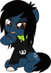 Size: 3524x5000 | Tagged: safe, alternate version, artist:jhayarr23, part of a set, earth pony, equine, fictional species, mammal, pony, undead, zombie, zombie pony, feral, bring me the horizon, drop dead clothing, friendship is magic, hasbro, my little pony, oliver sykes, 2020, behaving like a cat, blue body, blue fur, bone, bow, brown eyes, brown hair, brown mane, brown tail, clothes, collar, commission, cutie mark, digital art, fangs, feralized, fluff, fur, furrified, grooming, hair, happy, hoof licking, hooves, leg fluff, licking, lip piercing, long sleeves, male, mane, piercing, ponified, scar, sharp teeth, shirt, simple background, sitting, solo, solo male, species swap, stallion, stitches, tail, tattoo, teeth, tongue, tongue out, topwear, transparent background, vector, ych result