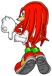 Size: 1791x2618 | Tagged: safe, artist:yuji uekawa, official art, knuckles the echidna (sonic), echidna, mammal, monotreme, anthro, sega, sonic adventure, sonic the hedgehog (series), clothes, digital art, fur, gloves, long tail, looking at you, looking back, looking back at you, male, purple eyes, quills, red body, red fur, red tail, shoes, simple background, smirk, solo, solo male, tail, thumbs down, transparent background