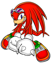 Size: 2205x2756 | Tagged: safe, artist:yuji uekawa, official art, knuckles the echidna (sonic), echidna, mammal, monotreme, anthro, sega, sonic adventure, sonic the hedgehog (series), clothes, digital art, fangs, fur, glasses, glasses on head, gloves, grin, high res, long tail, looking at you, male, purple eyes, quills, red body, red fur, red tail, sharp teeth, shoes, simple background, solo, solo male, sunglasses, sunglasses on head, tail, teeth, transparent background