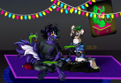 Size: 6072x4213 | Tagged: safe, artist:marykimer, hyena, mammal, skunk, anthro, homestuck, absurd resolution, christmas lights, clothes, duo, fluff, food, fur, gamzee makara, lights, male, paws, simple background, tail, tail fluff