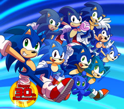 Size: 1024x897 | Tagged: safe, artist:heroinemarielys, sonic the hedgehog (sonic), chao, fictional species, hedgehog, mammal, anthro, semi-anthro, adventures of sonic the hedgehog, sega, sonic boom (series), sonic mania, sonic the hedgehog (satam), sonic the hedgehog (series), sonic the hedgehog movie, sonic the hedgehog ova, sonic underground, 2021, ambiguous gender, anniversary, black eyes, blue body, blue fur, blue tail, clothes, fur, gloves, green eyes, grin, group, male, males only, open mouth, quills, running, self paradox, shoes, short tail, smiling, tail, teeth, text