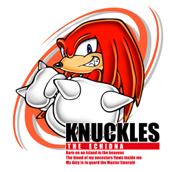 Size: 2205x2205 | Tagged: safe, artist:yuji uekawa, official art, knuckles the echidna (sonic), echidna, mammal, monotreme, anthro, sega, sonic adventure, sonic the hedgehog (series), bust, clothes, digital art, fangs, fur, gloves, grin, high res, looking at you, male, purple eyes, quills, red body, red fur, sharp teeth, simple background, solo, solo male, teeth, text, transparent background