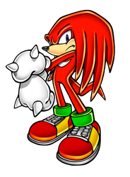 Size: 3445x4685 | Tagged: safe, artist:yuji uekawa, official art, knuckles the echidna (sonic), echidna, mammal, monotreme, anthro, sega, sonic adventure 2, sonic the hedgehog (series), clothes, digital art, frowning, fur, gloves, long tail, looking at you, male, purple eyes, quills, red body, red fur, red tail, shoes, simple background, solo, solo male, tail, transparent background