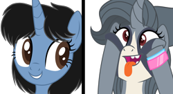 Size: 2956x1610 | Tagged: safe, artist:muhammad yunus, furbooru exclusive, silver (angry birds), oc, oc:siti shafiyyah (sofie), alicorn, equine, fictional species, mammal, pony, unicorn, feral, angry birds, friendship is magic, hasbro, my little pony, angry birds 2, crazy face, crossover, derp, duo, duo female, female, females only, hair, idiot, licking, mane, mare, open mouth, open smile, ponified, rovio, simple background, smiling, species swap, teeth, tongue, tongue out, transparent background