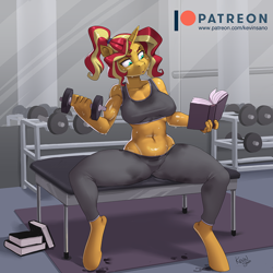 Size: 900x900 | Tagged: safe, artist:kevinsano, sunset shimmer (mlp), equine, fictional species, mammal, pony, unicorn, anthro, unguligrade anthro, friendship is magic, hasbro, my little pony, 2021, anthrofied, belly button, book, bottomwear, breasts, clothes, detailed background, digital art, dumbbells, ears, exercise, eyelashes, female, fur, gym, hair, headband, hooves, horn, pants, reading, shirt, solo, solo female, sweat, tail, thighs, topwear, wide hips