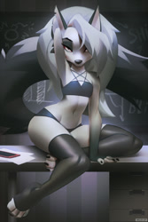 Size: 600x900 | Tagged: safe, artist:miles-df, loona (vivzmind), canine, fictional species, hellhound, mammal, anthro, digitigrade anthro, hazbin hotel, helluva boss, 2021, black nose, bottomwear, cell phone, clothes, colored sclera, desk, ears, eyebrows, eyelashes, eyeshadow, female, fingerless (marking), fluff, fur, gloves (arm marking), gray body, gray fur, hair, hand behind head, indoors, legwear, long hair, looking at you, makeup, multicolored fur, on desk, paper, phone, red sclera, smartphone, solo, solo female, tail, tail fluff, thigh highs, thighs, toeless legwear, topwear, torn ear, white body, white eyes, white fur, white hair