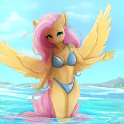 Size: 4000x4000 | Tagged: safe, artist:miokomata, fluttershy (mlp), equine, fictional species, mammal, pegasus, pony, anthro, friendship is magic, hasbro, my little pony, 2021, absurd resolution, anthrofied, beach, belly button, big breasts, bikini, breasts, cleavage, clothes, detailed background, eyebrows, eyelashes, feathered wings, feathers, female, freckles, fur, hair, legs in the water, legs together, looking at you, mane, mare, midriff, outdoors, pink hair, pink mane, pink tail, purple hair, purple tail, signature, solo, solo female, spread wings, summer, swimsuit, tail, teal eyes, underwear, water, wings, yellow body, yellow fur