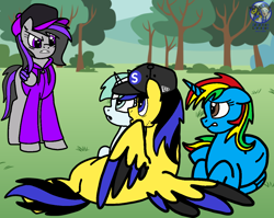 Size: 1244x990 | Tagged: safe, artist:mrstheartist, oc, oc only, oc:heart angel, oc:ponyseb 2.0, oc:royal strength, oc:viola love, alicorn, equine, fictional species, mammal, pegasus, pony, unicorn, feral, friendship is magic, hasbro, my little pony, base used, black outline, cap, clothes, colored wingtips, floppy ears, hat, hoodie, topwear, tree, unamused, wings