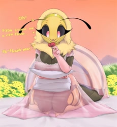 Size: 1103x1200 | Tagged: safe, artist:tffeathers, oc, oc:blossom (tffeathers), arthropod, bee, insect, anthro, breasts, clothes, crying, dress, flower, fluff, huge breasts, kneeling, neck fluff
