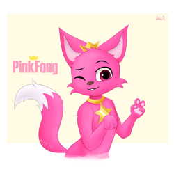 Size: 1280x1280 | Tagged: safe, artist:nightfury2020, pinkfong (pinkfong), canine, fox, mammal, semi-anthro, pinkfong, 2d, crown, dipstick tail, fur, jewelry, looking at you, male, one eye closed, paw pads, paws, pink body, pink fur, regalia, smiling, smiling at you, solo, solo male, tail, winking
