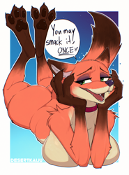 Size: 2326x3143 | Tagged: suggestive, artist:desertkaiju, nick wilde (zootopia), canine, fox, mammal, red fox, anthro, disney, zootopia, 2021, bedroom eyes, big breasts, big butt, black nose, black paw pads, border, breasts, brown body, brown fur, butt, complete nudity, cream body, cream fur, dialogue, ear fluff, exclamation point, eyebrows, eyelashes, fangs, female, fluff, fur, green eyes, heart, high res, looking back, love heart, multicolored fur, nudity, open mouth, open smile, orange body, orange fur, paw pads, paws, rule 63, sharp teeth, shoulder fluff, smiling, solo, solo female, speech bubble, tail, tail fluff, talking, teeth, tongue, underpaw, vixen, white border