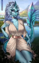 Size: 1057x1697 | Tagged: safe, artist:yasmil, sisu (raya and the last dragon), dragon, fictional species, furred dragon, anthro, disney, raya and the last dragon, 2021, big breasts, blue body, blue hair, breasts, cleavage fluff, clothes, dragoness, eyebrows, eyelashes, female, fluff, hair, horns, long hair, looking at you, multicolored body, pink eyes, solo, solo female, tail, thick thighs, thighs