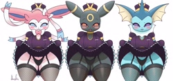 Size: 4096x1920 | Tagged: suggestive, artist:jhenightfoxy, eeveelution, fictional species, mammal, sylveon, umbreon, vaporeon, anthro, nintendo, pokémon, 2021, blushing, bottomwear, breasts, clothes, digital art, dress, ears, eyelashes, female, females only, floppy ears, legwear, looking at you, maid, maid outfit, panties, simple background, skirt, skirt lift, stockings, thighs, trio, trio female, underwear, white background, wide hips