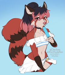 Size: 781x900 | Tagged: safe, artist:kittydee, oc, oc only, mammal, red panda, anthro, 2021, 2d, belly button, bikini, chest fluff, clothes, crop top, crossdressing, digital art, ears, femboy, fluff, food, fur, hair, looking at you, male, pink nose, popsicle, sea salt ice cream, simple background, solo, solo male, swimsuit, tail, thighs, topwear