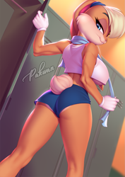 Size: 897x1269 | Tagged: safe, artist:pakwan008, lola bunny (looney tunes), lagomorph, mammal, rabbit, anthro, looney tunes, space jam, warner brothers, 2021, big breasts, blonde hair, blue eyes, bottomwear, breasts, butt, clothes, cream body, cream fur, crop top, eyebrows, eyelashes, female, fluff, fur, gloves, hair, locker, long ears, looking back, midriff, multicolored fur, muscles, muscular female, short shorts, short tail, shorts, smiling, solo, solo female, tail, tail fluff, teeth, thick thighs, thighs, topwear, towel, two toned body, two toned fur, underboob