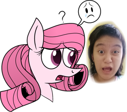 Size: 1819x1603 | Tagged: safe, artist:muhammad yunus, oc, oc only, oc:annisa trihapsari, oc:siti shafiyyah, earth pony, equine, fictional species, human, mammal, pony, feral, friendship is magic, hasbro, my little pony, duo, duo female, female, females only, hair, indonesia, irl, irl human, mane, mare, medibang paint, open mouth, photo, pink body, pink hair, pink mane, question mark, sad, simple background, transparent background