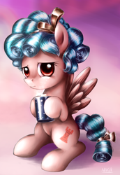 Size: 900x1306 | Tagged: safe, artist:nika191319, cozy glow (mlp), equine, fictional species, mammal, pegasus, pony, feral, friendship is magic, hasbro, my little pony, spoiler:marks for effort (mlp:fim), cute, cutie mark, drink, empathy cocoa, eyelashes, female, filly, foal, food, hair, mane, mare, marshmallow, not evil, sitting, solo, solo female, wings, young