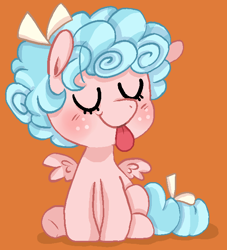 Size: 592x652 | Tagged: safe, artist:pinkiespresent, cozy glow (mlp), equine, fictional species, mammal, pegasus, pony, feral, friendship is magic, hasbro, my little pony, :p, cute, eyes closed, female, filly, foal, orange background, silly, simple background, sitting, solo, solo female, tongue, tongue out, young