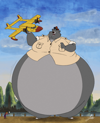 Size: 1500x1860 | Tagged: suggestive, artist:fat_louie, baloo (the jungle book), rebecca cunningham (talespin), bear, mammal, sloth bear, anthro, semi-anthro, disney, talespin, the jungle book, aircraft, airplane, duo, eyebrows, fat, female, fur, gray body, gray fur, hyper, hyper belly, macro, male, megaphone, morbidly obese, raised eyebrow, signature, solo focus, standing, vehicle, weight gain