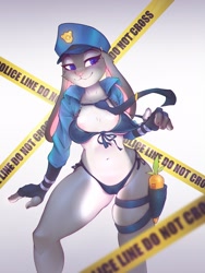Size: 1950x2600 | Tagged: suggestive, artist:sverhnovapony, judy hopps (zootopia), lagomorph, mammal, rabbit, anthro, disney, zootopia, 2021, areola, belly button, bikini, blushing, breasts, cameltoe, clothes, eyebrows, eyelashes, female, fingerless gloves, fur, gloves, gray body, gray fur, hat, holster, long ears, multicolored fur, necktie, open clothes, open shirt, pink nose, police hat, police tape, police uniform, purple eyes, shirt, smiling, solo, solo female, swimsuit, thick thighs, thighs, topwear, two toned body, two toned fur, white body, white fur