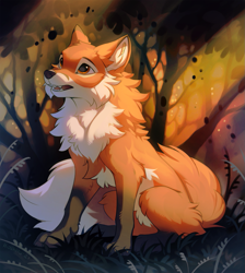 Size: 1145x1280 | Tagged: safe, artist:hioshiru, oc, oc only, canine, fox, mammal, red fox, feral, 2021, black nose, brown body, brown fur, chest fluff, ear fluff, eyebrows, featured image, female, fluff, forest, fur, gloves (arm marking), grass, multicolored fur, open mouth, orange body, orange eyes, orange fur, outdoors, remake, socks (leg marking), solo, solo female, tail, tail fluff, teeth, tongue, white body, white fur