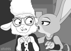 Size: 550x400 | Tagged: safe, alternate version, artist:alfa995, dawn bellwether (zootopia), judy hopps (zootopia), bovid, caprine, lagomorph, mammal, rabbit, sheep, anthro, disney, nickelodeon, spongebob squarepants (series), zootopia, 2016, 2d, 2d animation, animated, buckteeth, clothes, digital art, duo, duo female, female, female/female, females only, frame by frame, fur, gif, glasses, gritted teeth, hair, licking, licking face, low res, monochrome, open mouth, reference, squigglevision, sweat, teeth, tongue, tongue out, uncomfortable