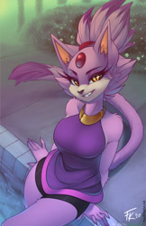 Size: 779x1200 | Tagged: safe, alternate version, artist:fluff-kevlar, blaze the cat (sonic), cat, feline, mammal, anthro, sega, sonic the hedgehog (series), 2021, big breasts, black nose, breasts, clothes, ear fluff, eyebrows, eyelashes, female, fluff, fur, hair, hair accessory, looking at you, multicolored fur, poolside, purple body, purple fur, shoulder fluff, smiling, smiling at you, solo, solo female, tail, tail fluff, teeth, thighs, water, white body, white fur, yellow eyes