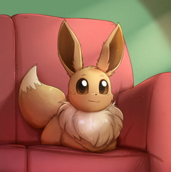 Size: 1600x1608 | Tagged: safe, artist:otakuap, eevee, eeveelution, fictional species, mammal, feral, nintendo, pokémon, 2021, 2d, ambiguous gender, black nose, couch, cute, digital art, ears, fluff, fur, loafing, looking at you, neck fluff, sitting, solo, solo ambiguous