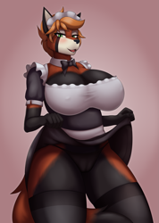 Size: 1069x1500 | Tagged: suggestive, artist:pkuai, oc, oc only, mammal, red panda, anthro, 2020, bedroom eyes, big breasts, black nose, blushing, bottomwear, breasts, cameltoe, clothes, commission, digital art, ears, evening gloves, eyelashes, female, fur, gloves, hair, legwear, long gloves, looking at you, maid, maid outfit, open mouth, panties, simple background, skirt, skirt lift, solo, solo female, stockings, tail, thighs, underwear, wide hips