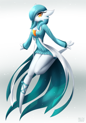 Size: 540x770 | Tagged: safe, artist:rilexlenov, fictional species, gardevoir, humanoid, nintendo, pokémon, 2017, breasts, clothes, digital art, dress, eyelashes, female, hair, one eye closed, simple background, solo, solo female, thighs, wide hips