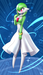 Size: 540x934 | Tagged: safe, artist:rilexlenov, fictional species, gardevoir, humanoid, nintendo, pokémon, 2017, breasts, clothes, digital art, dress, female, hair, looking at you, one eye closed, solo, solo female
