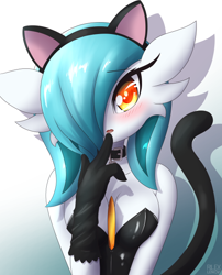 Size: 540x669 | Tagged: safe, artist:rilexlenov, fictional species, gardevoir, humanoid, nintendo, pokémon, 2017, blushing, breasts, cat ears, clothes, digital art, eyelashes, fake ears, fake tail, female, gloves, hair, looking at you, one eye closed, open mouth, simple background, solo, solo female, suit