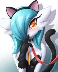 Size: 540x669 | Tagged: suggestive, alternate version, artist:rilexlenov, fictional species, gardevoir, humanoid, nintendo, pokémon, 2017, blushing, breasts, cat ears, clothes, collar, digital art, eyelashes, fake ears, fake tail, female, gloves, hair, leash, looking at you, one eye closed, open mouth, simple background, solo, solo female, suit