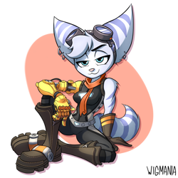 Size: 3100x3100 | Tagged: safe, artist:wigmania, rivet (r&c), fictional species, lombax, mammal, anthro, ratchet & clank, 2021, abstract background, blue eyes, boots, breasts, clothes, ear piercing, earring, eyebrows, eyelashes, female, fluff, gloves, goggles, goggles on head, high res, looking at you, narrowed eyes, piercing, prosthetic arm, prosthetics, scarf, shoes, shoulder fluff, sitting, solo, solo female
